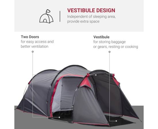 Cort camping, 2 persoane, impermeabil, cu vestibul, gri, 426x206x154 cm, 7 image