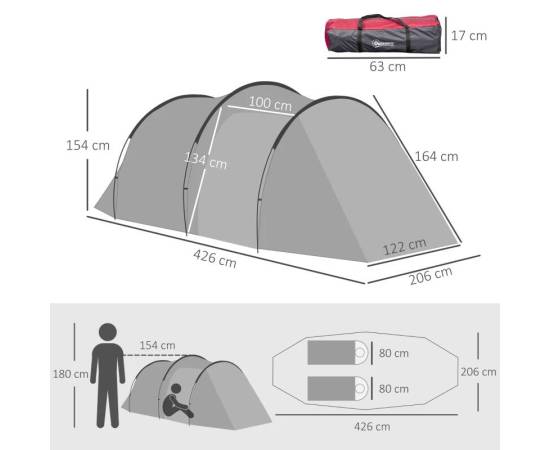 Cort camping, 2 persoane, impermeabil, cu vestibul, gri, 426x206x154 cm, 8 image