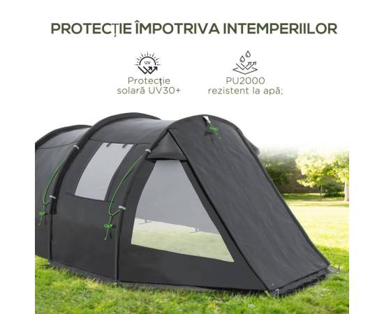 Cort camping, 3-4 persoane, impermeabil, cu vestibul, negru, 475x264x172 cm, 7 image