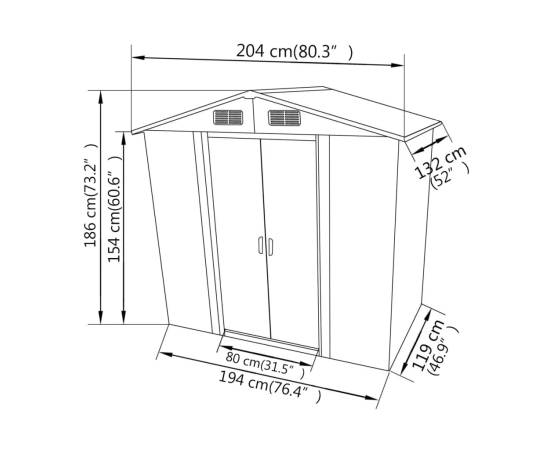 Șopron metalic de grădină, 204 x 132 x 186 cm, gri, 8 image