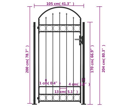 Poartă de gard cu vârf arcuit și 2 stâlpi, negru, 105 x 204 cm, 5 image