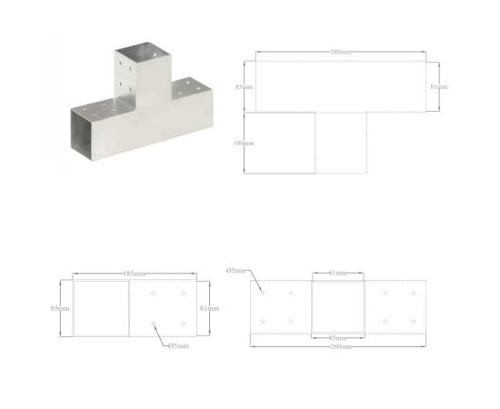 Conectori de grindă, formă t, 4 buc, 81x81 mm, metal galvanizat, 8 image