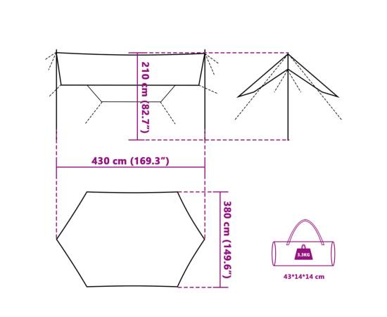 Prelată de camping gri/portocaliu, 430x380x210 cm, impermeabilă, 10 image