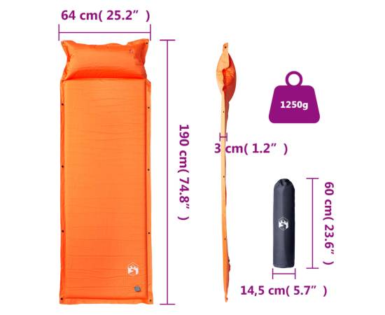 Saltea camping auto-gonflabilă cu pernă, 1 persoană, portocaliu, 5 image