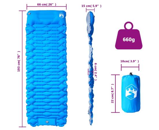Saltea de camping auto-gonflabilă cu pernă, 1 persoană albastru, 5 image
