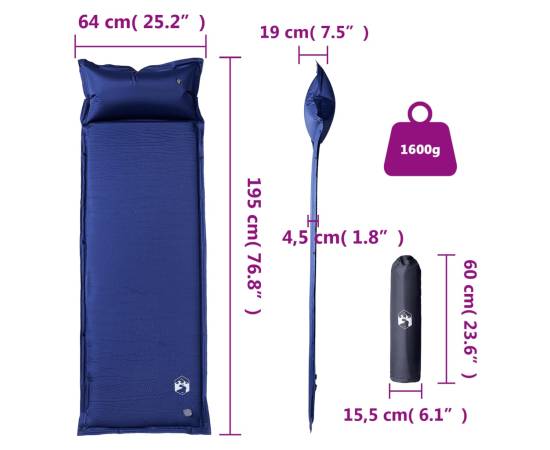 Saltea de camping auto-gonflabilă cu pernă 1 persoană bleumarin, 5 image