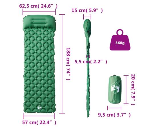 Saltea de camping gonflabilă, cu pernă, 1 persoană, verde, 5 image