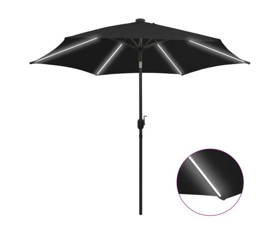Umbrelă de soare, led-uri și stâlp aluminiu, negru, 300 cm