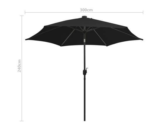 Umbrelă de soare, led-uri și stâlp aluminiu, negru, 300 cm, 8 image