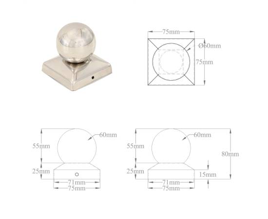 Capace stâlpi tip glob, 6 buc., 71 x 71 mm, oțel inoxidabil, 9 image