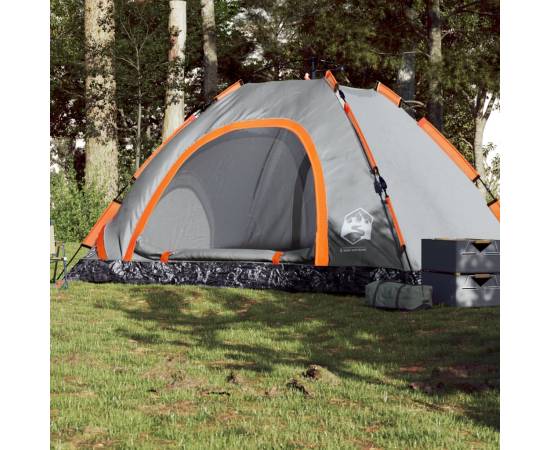 Cort camping, 5 persoane, gri/oranj, setare rapidă