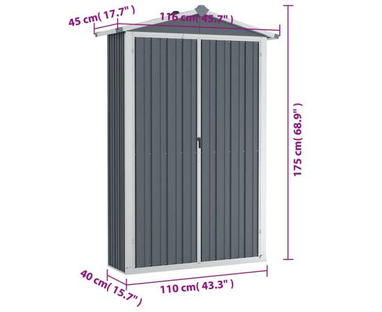 Șopron de grădină, gri, 116x45x175 cm, oțel galvanizat, 8 image