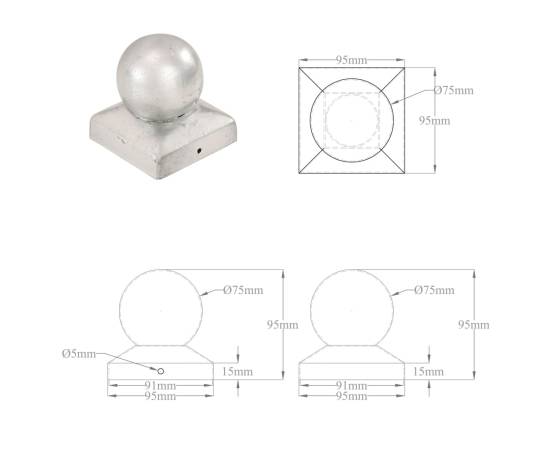 Capace stâlpi tip glob, 6 buc., 91 x 91 mm, metal galvanizat, 9 image