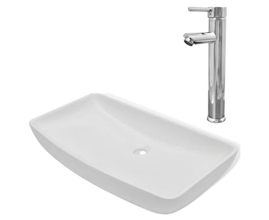 Chiuvetă de baie cu robinet mixer, ceramică, dreptunghiular alb, 2 image