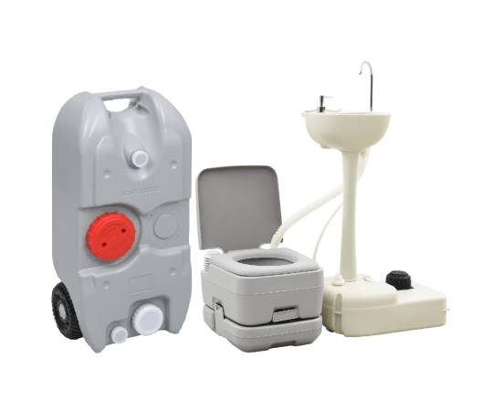 Set portabil cu toaletă, lavoar și rezervor apă pentru camping