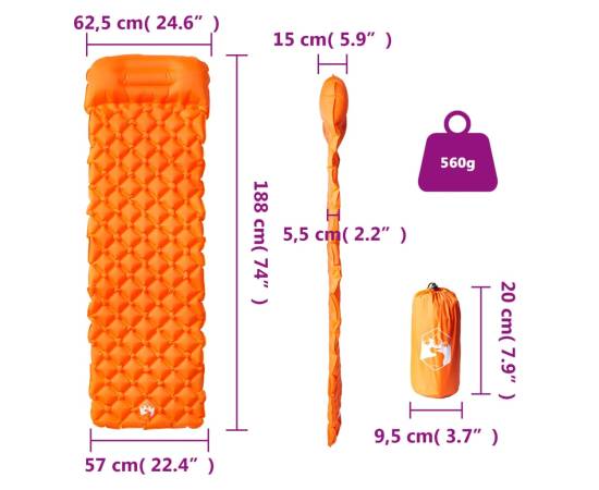 Saltea camping gonflabilă cu pernă, 1 persoană, portocaliu, 5 image