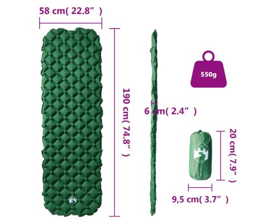 Saltea gonflabilă de camping, 1 persoană, verde, 190x58x6 cm, 5 image