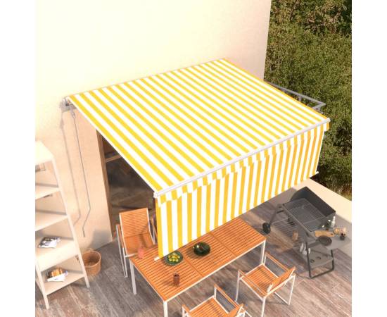 Copertină retractabilă automat cu stor, galben&alb, 4x3 m