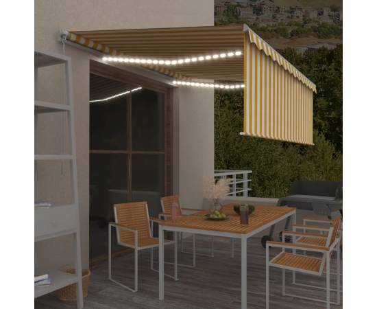 Copertină retractabilă manual cu stor&led, galben&alb, 4x3 m