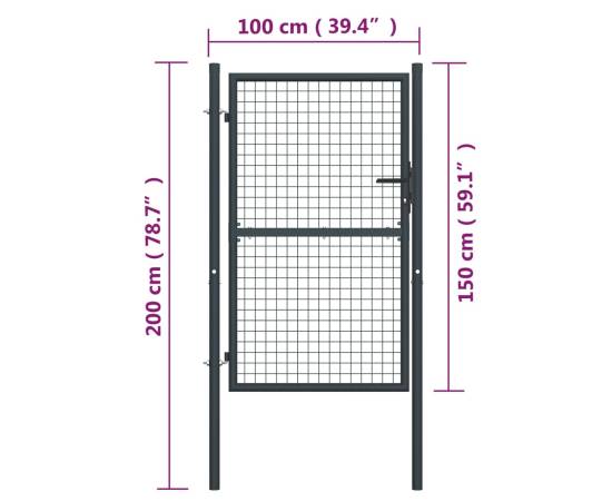 Poartă de grădină din plasă, gri, 100x200 cm, oțel galvanizat, 5 image