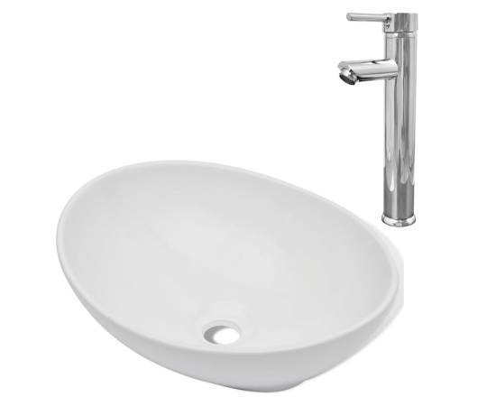 Chiuvetă de baie cu robinet mixer, ceramică, oval, alb, 2 image