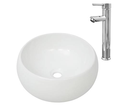 Chiuvetă de baie cu robinet mixer, ceramică, rotund, alb, 2 image
