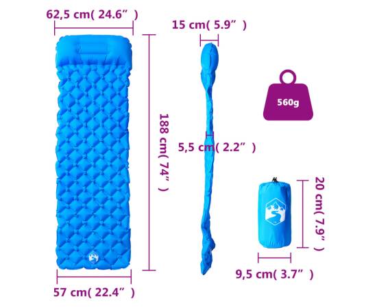 Saltea de camping gonflabilă cu pernă, 1 persoană, albastru, 5 image