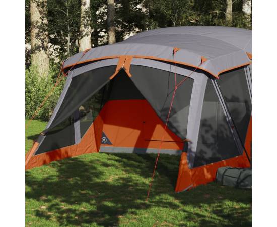 Cort camping cu verandă 4 persoane, gri/portocaliu, impermeabil