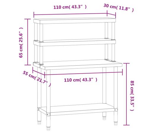Masă bucătărie cu raft superior, 110x55x150 cm, oțel inoxidabil, 8 image