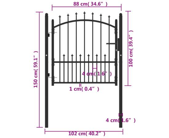 Poartă de gard cu țepușe, negru, 100x100 cm, oțel, 5 image