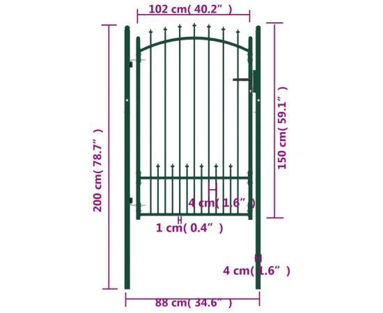 Poartă de gard cu țepușe, verde, 100x150 cm, oțel, 5 image