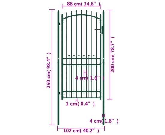 Poartă de gard cu țepușe, verde, 100x200 cm, oțel, 5 image