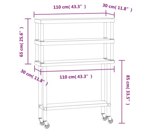 Masă bucătărie cu raft superior, 110x30x150 cm, oțel inoxidabil, 8 image