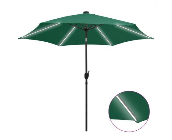 Umbrelă de soare, led-uri și stâlp aluminiu, verde, 300 cm