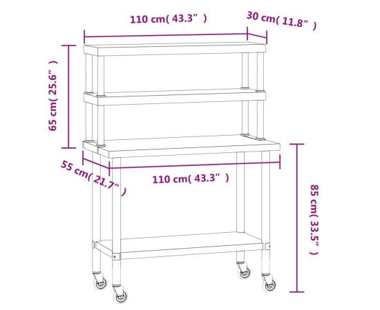 Masă bucătărie cu raft superior, 110x55x150 cm, oțel inoxidabil, 8 image