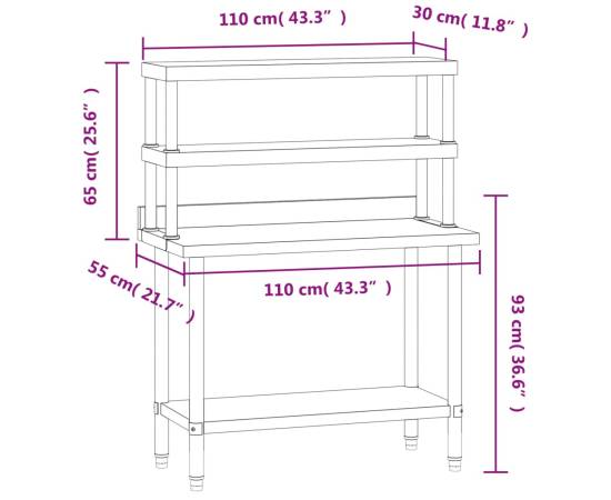 Masă bucătărie cu raft superior, 110x55x150 cm, oțel inoxidabil, 8 image