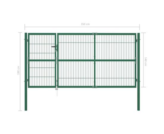 Poartă gard de grădină cu stâlpi, verde, 350 x 140 cm, oțel, 5 image