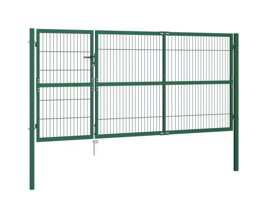 Poartă gard de grădină cu stâlpi, verde, 350 x 140 cm, oțel, 2 image