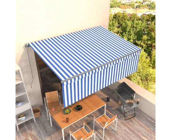 Copertină retractabilă manual cu stor, albastru&alb, 4,5x3 m