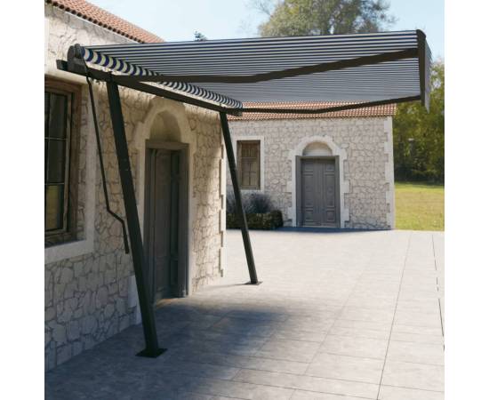 Copertină retractabilă manual, cu stâlpi, albastru/alb 4,5x3 m