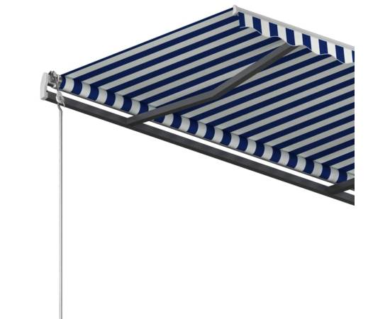 Copertină retractabilă manual, cu stâlpi, albastru/alb 4,5x3 m, 7 image