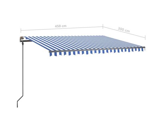 Copertină retractabilă manual, cu stâlpi, albastru/alb 4,5x3 m, 11 image