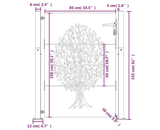 Poartă pentru grădină, 105x155 cm, oțel corten, model copac, 11 image
