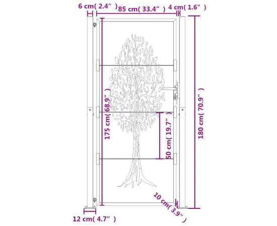 Poartă pentru grădină, 105x180 cm, oțel corten, model copac, 11 image