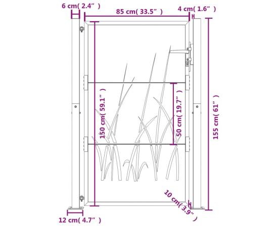 Poartă pentru grădină, 105x155 cm, oțel corten, model iarbă, 11 image