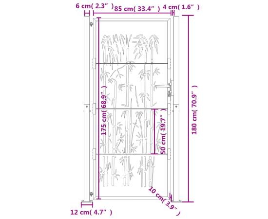 Poartă pentru grădină, antracit, 105x180 cm, oțel, model bambus, 9 image