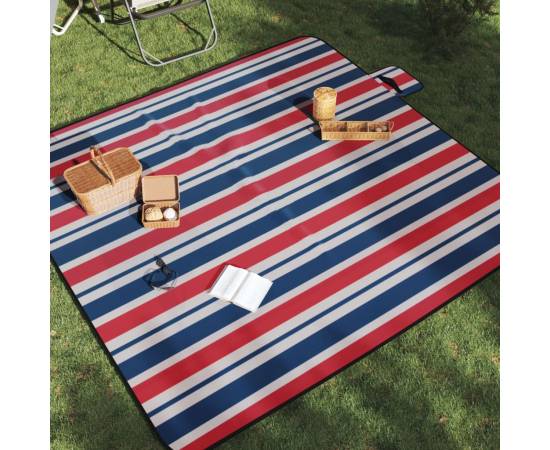 Pătură picnic pliabilă, dungi roșu albastre, 200x200 cm catifea