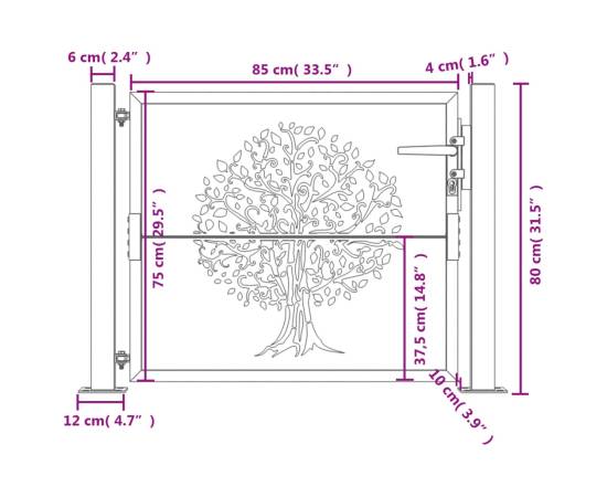 Poartă pentru grădină, 105x80 cm, oțel corten, model copac, 11 image