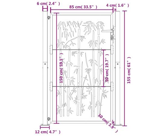 Poartă pentru grădină, antracit, 105x155 cm, oțel, model bambus, 9 image