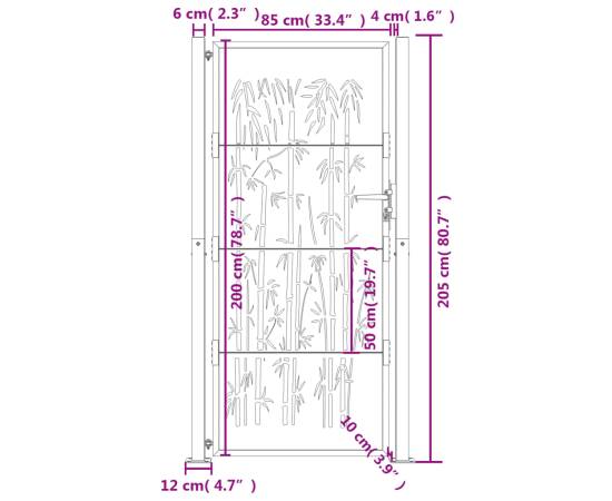 Poartă pentru grădină, antracit, 105x205 cm, oțel, model bambus, 9 image